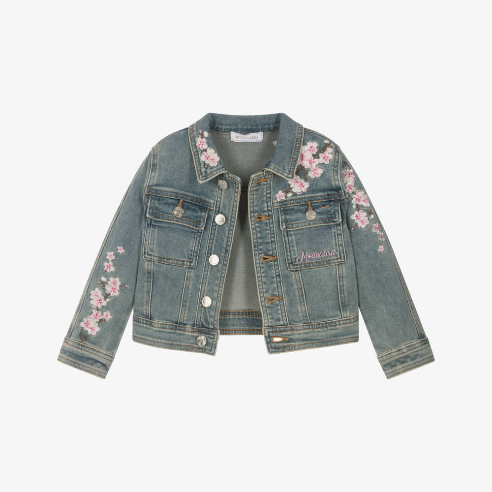 Monnalisa-Girls Blue Blossom Embroidered Denim Jacket | Childrensalon Outlet
