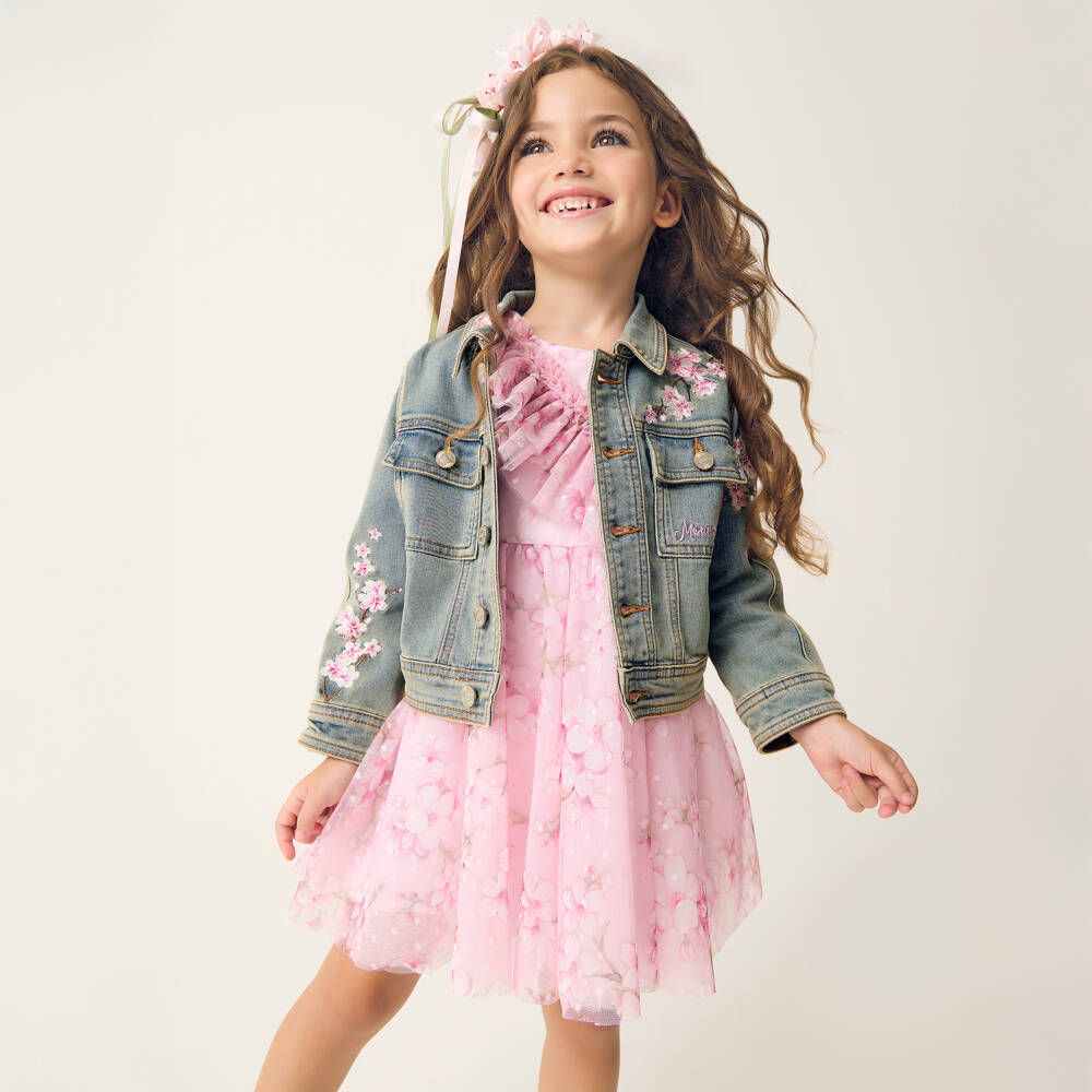 Monnalisa-Girls Blue Blossom Embroidered Denim Jacket | Childrensalon Outlet