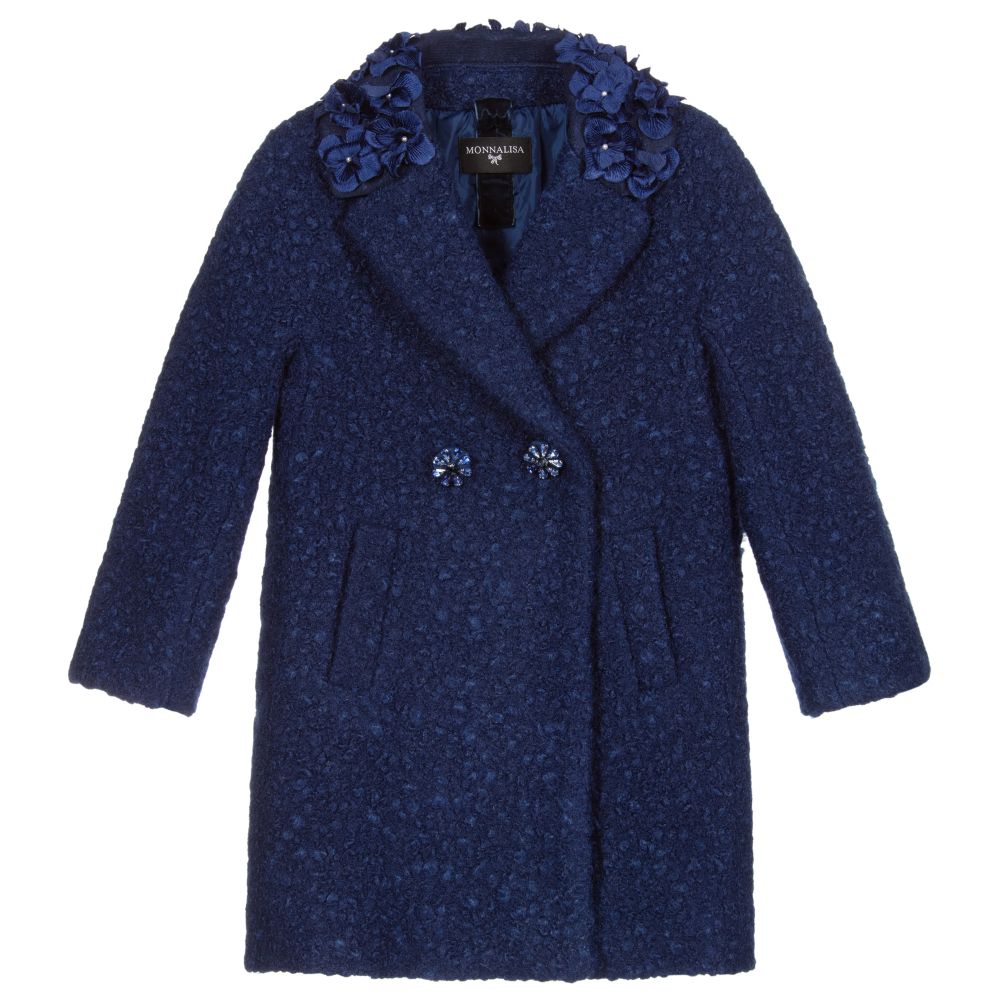 Monnalisa - Girls Blue Bouclé Coat | Childrensalon