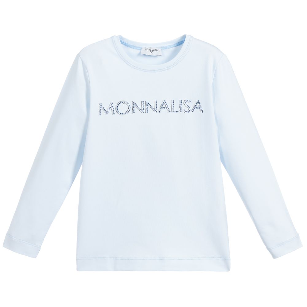 Monnalisa - Girls Blue Cotton Logo Top | Childrensalon
