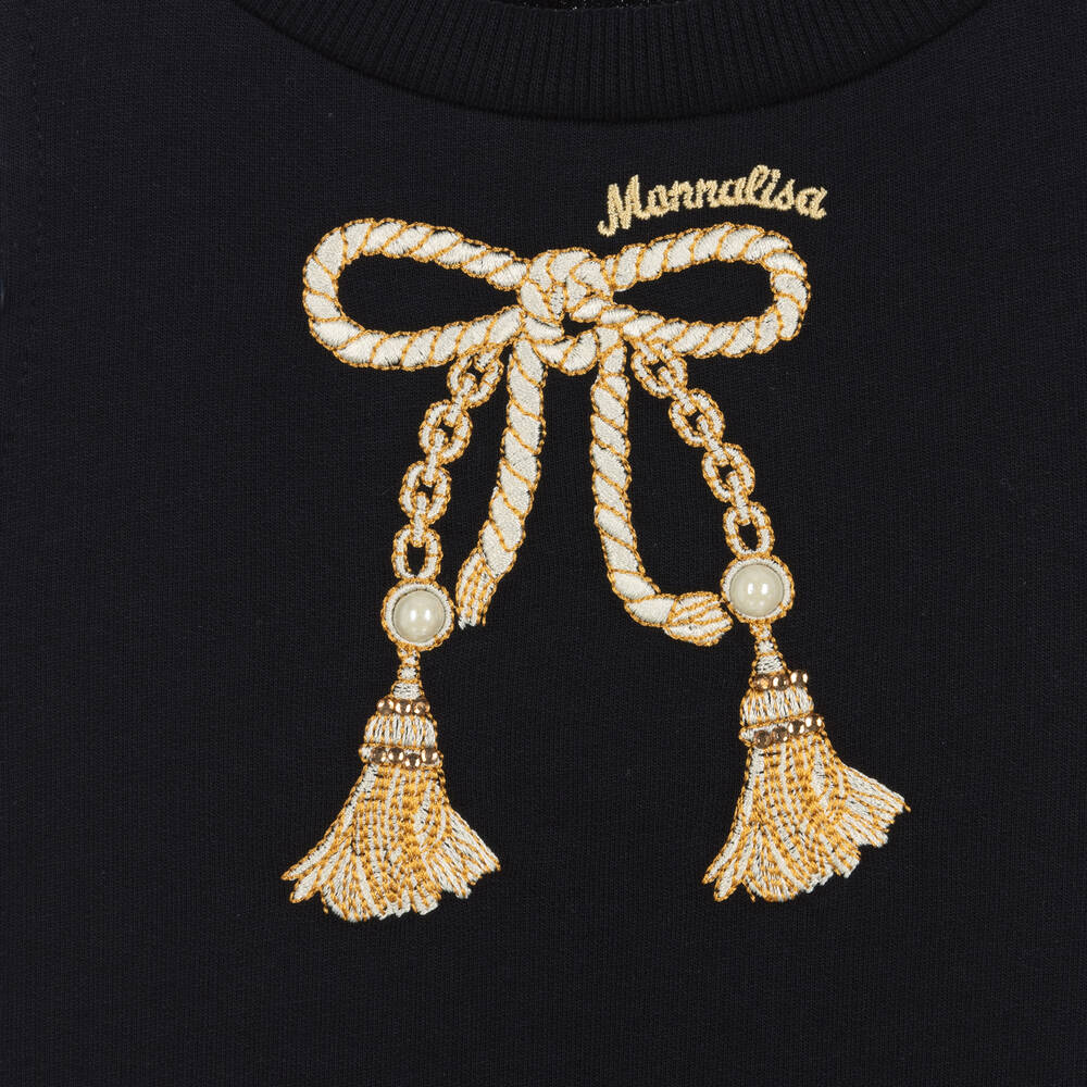 Monnalisa-Синее хлопковое платье с рюшами на рукавах | Childrensalon Outlet