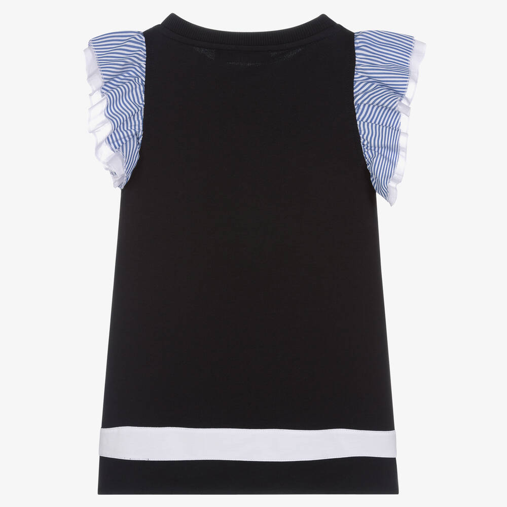 Monnalisa-Синее хлопковое платье с рюшами на рукавах | Childrensalon Outlet