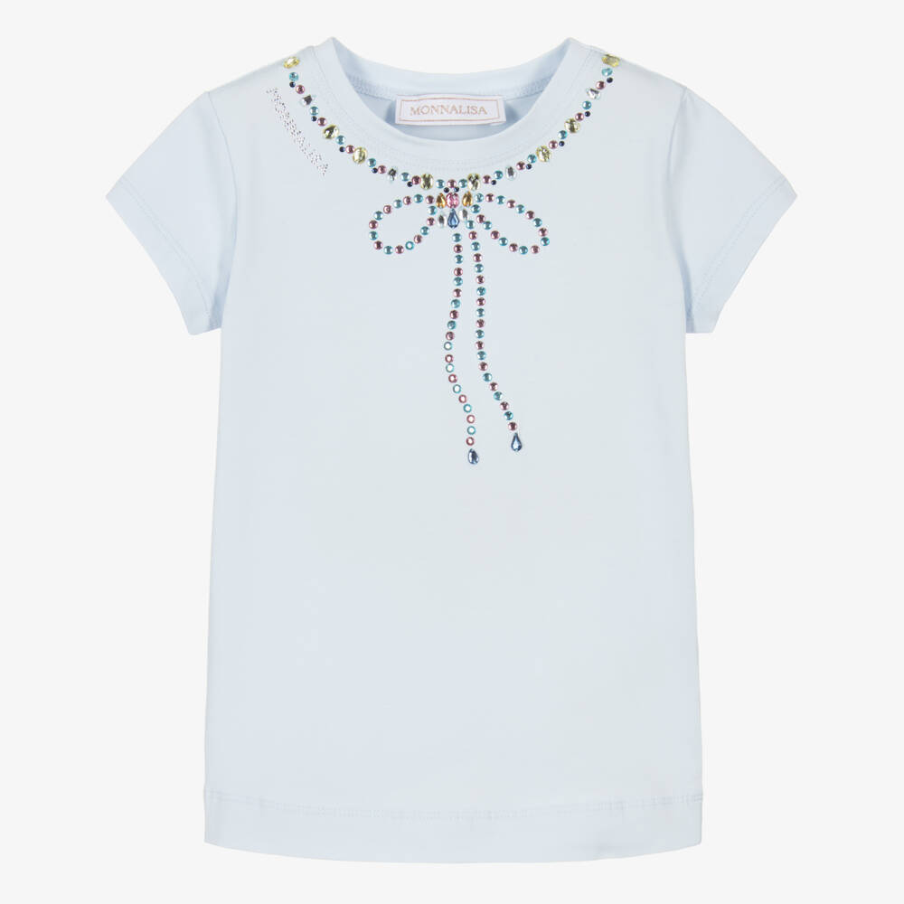 Monnalisa-Girls Blue Cotton T-Shirt with Gemstone Bow | Childrensalon Outlet