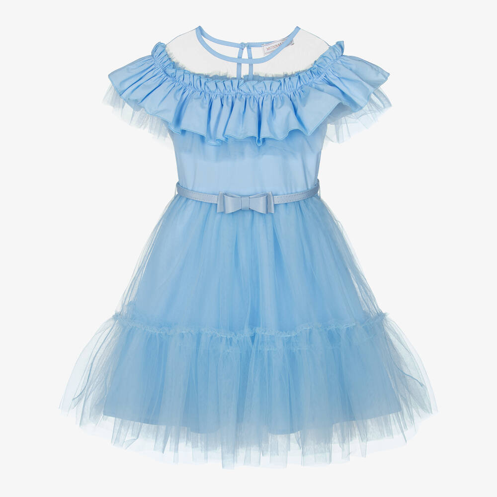 Monnalisa Chic-فستان قطن بوبلين وتول لون أزرق مزين بكشكش | Childrensalon Outlet