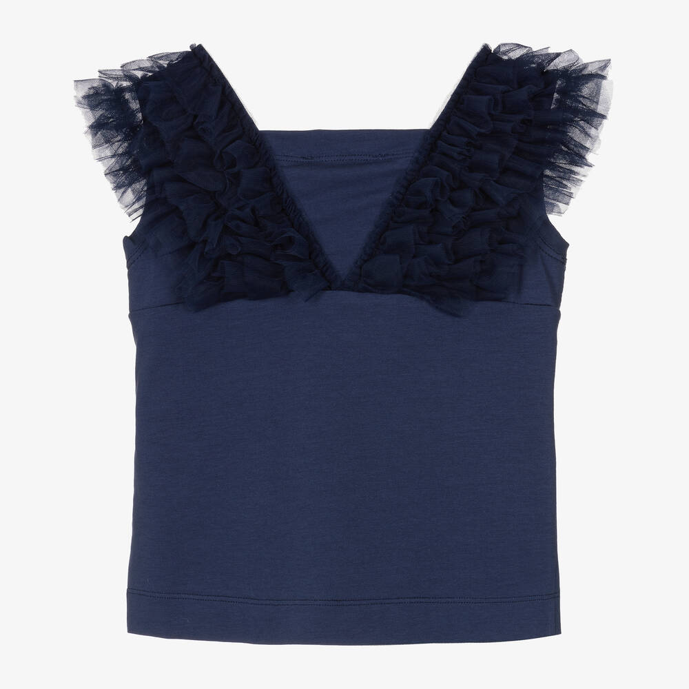 Monnalisa-Girls Blue Cotton & Tulle Ruffle T-Shirt | Childrensalon Outlet