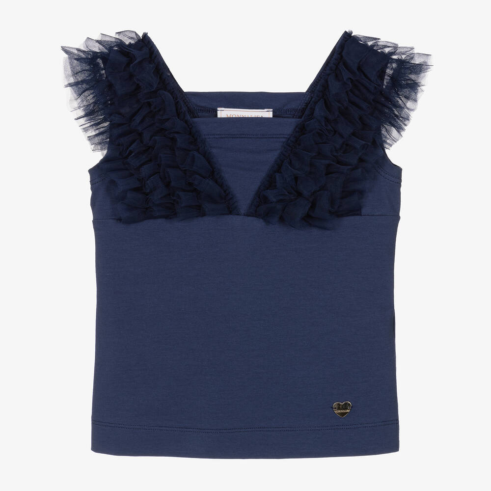Monnalisa-Girls Blue Cotton & Tulle Ruffle T-Shirt | Childrensalon Outlet