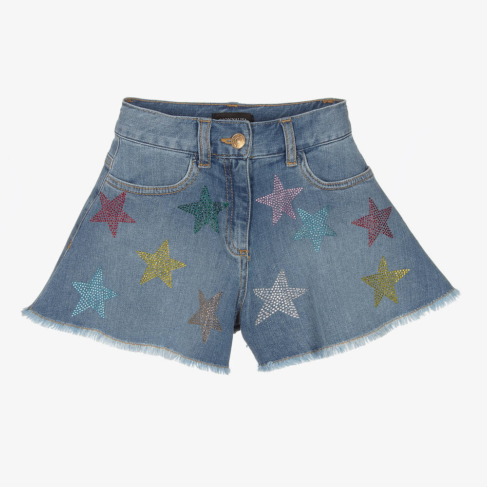 Monnalisa - Girls Blue Denim Diamanté Star Shorts | Childrensalon