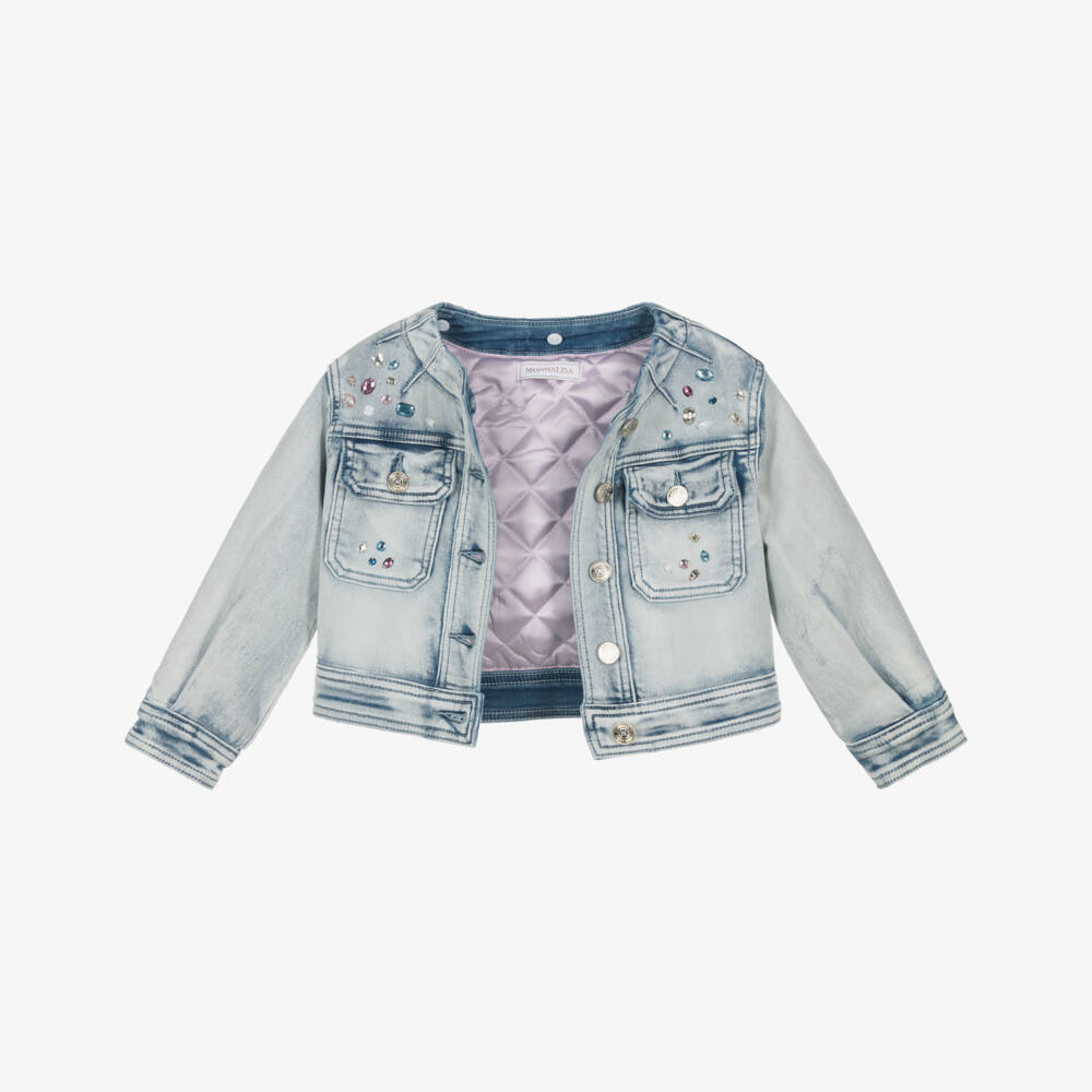 Monnalisa-Girls Blue Denim Disney Jacket with Pink Collar | Childrensalon Outlet