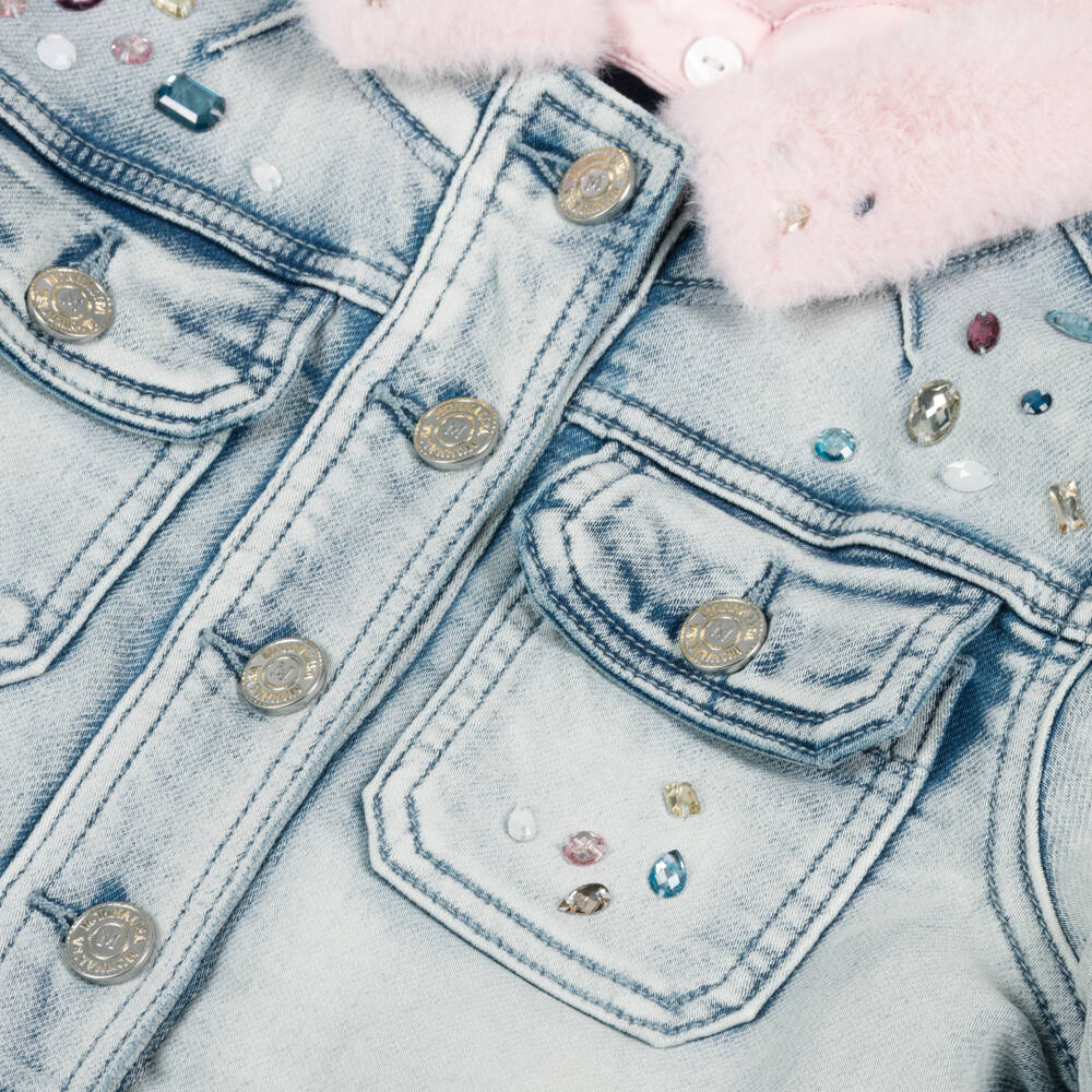 Monnalisa-Girls Blue Denim Disney Jacket with Pink Collar | Childrensalon Outlet