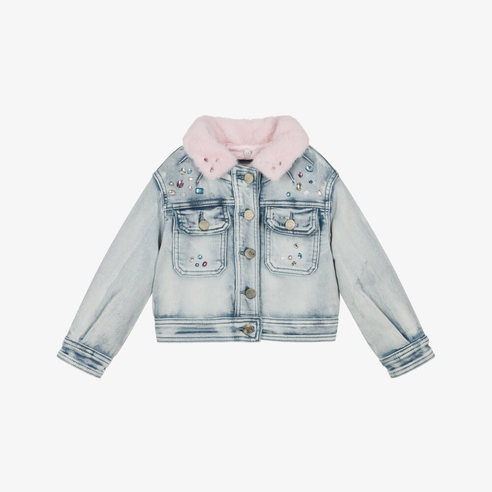 Monnalisa-Girls Blue Denim Disney Jacket with Pink Collar | Childrensalon Outlet