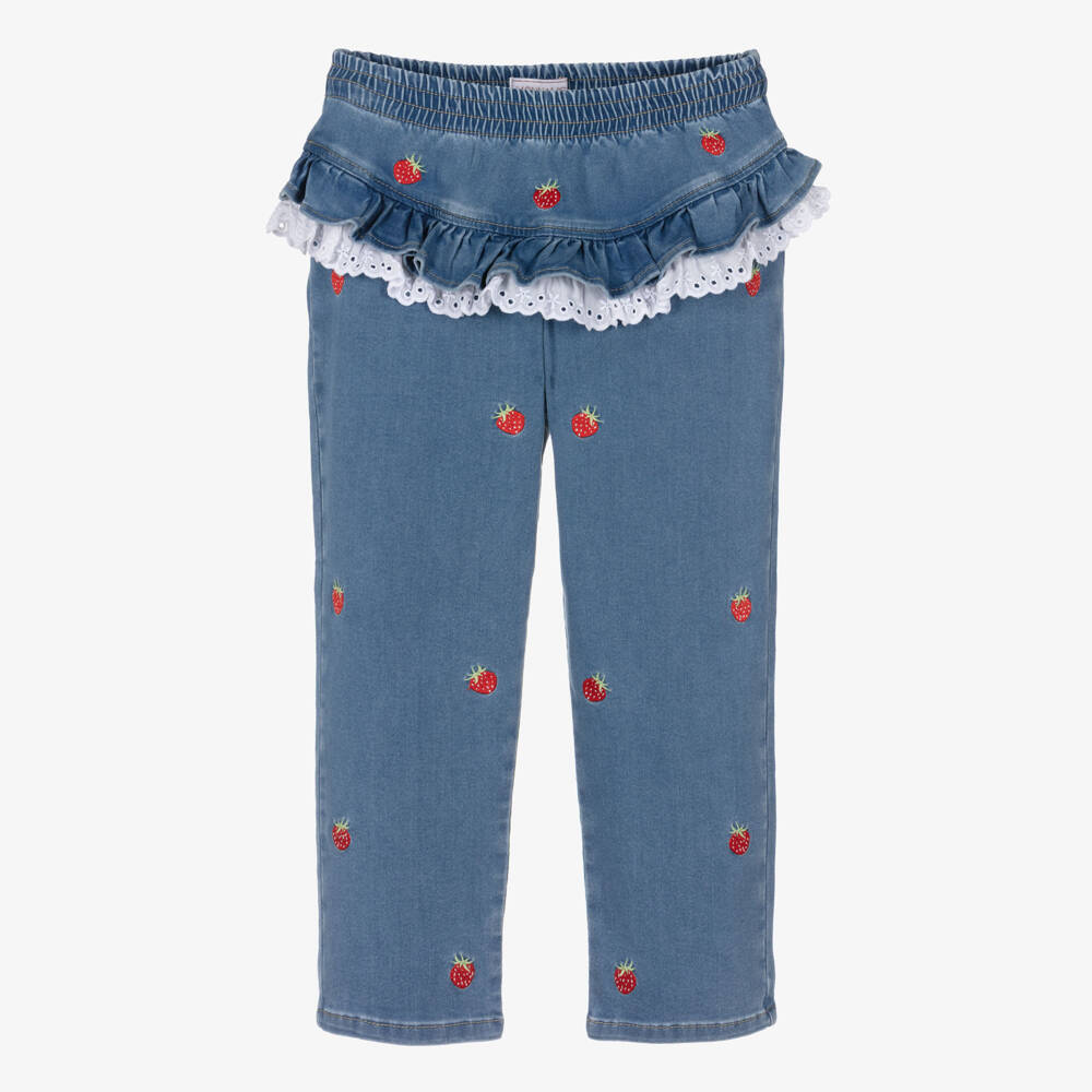 Monnalisa-Girls Blue Denim Embroidered Strawberry Jeans with Lace Trim | Childrensalon Outlet