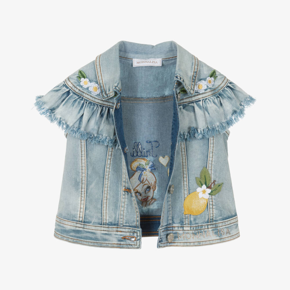Monnalisa-Girls Blue Denim Jacket with Embroidered Tinkerbell | Childrensalon Outlet