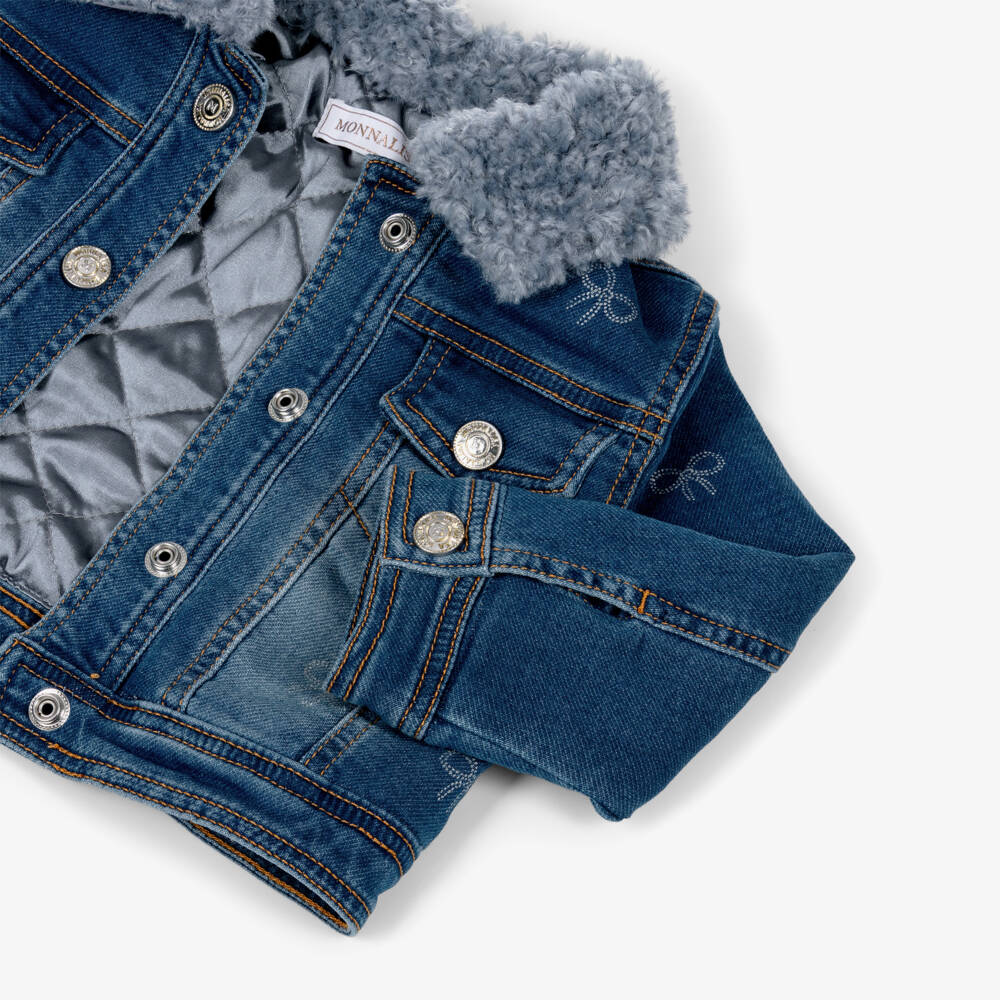 Monnalisa-Girls Blue Denim Jacket with Faux Fur Collar & Glittery Bows | Childrensalon Outlet