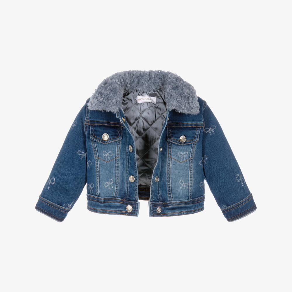 Monnalisa-Girls Blue Denim Jacket with Faux Fur Collar & Glittery Bows | Childrensalon Outlet