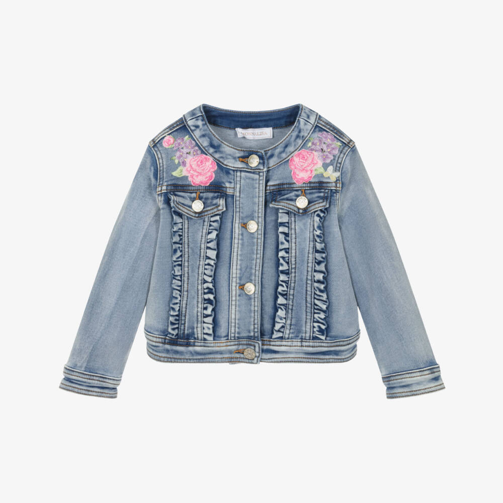 Monnalisa-Girls Blue Denim Jacket with Frills & Floral Embroidery | Childrensalon Outlet