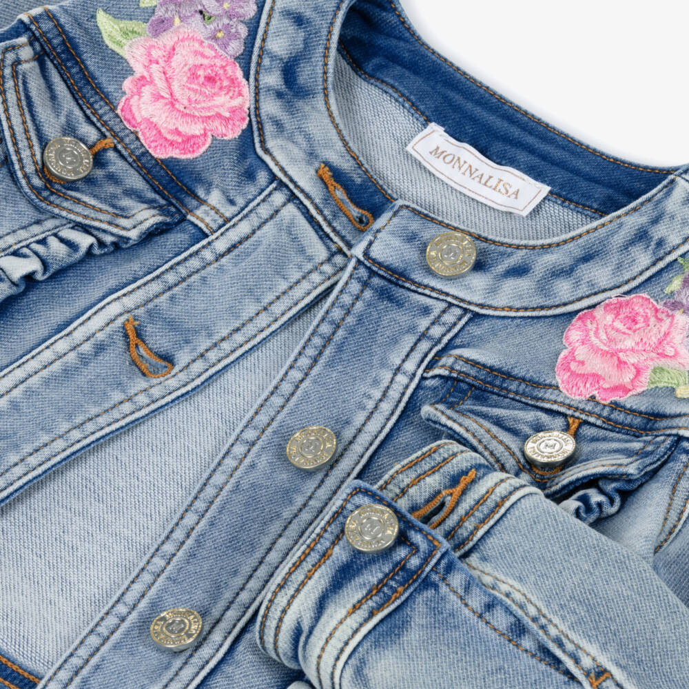 Monnalisa-Girls Blue Denim Jacket with Frills & Floral Embroidery | Childrensalon Outlet