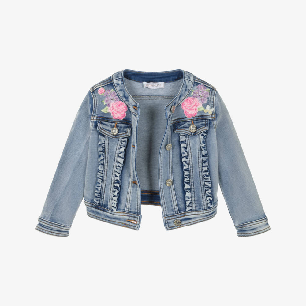 Monnalisa-Girls Blue Denim Jacket with Frills & Floral Embroidery | Childrensalon Outlet