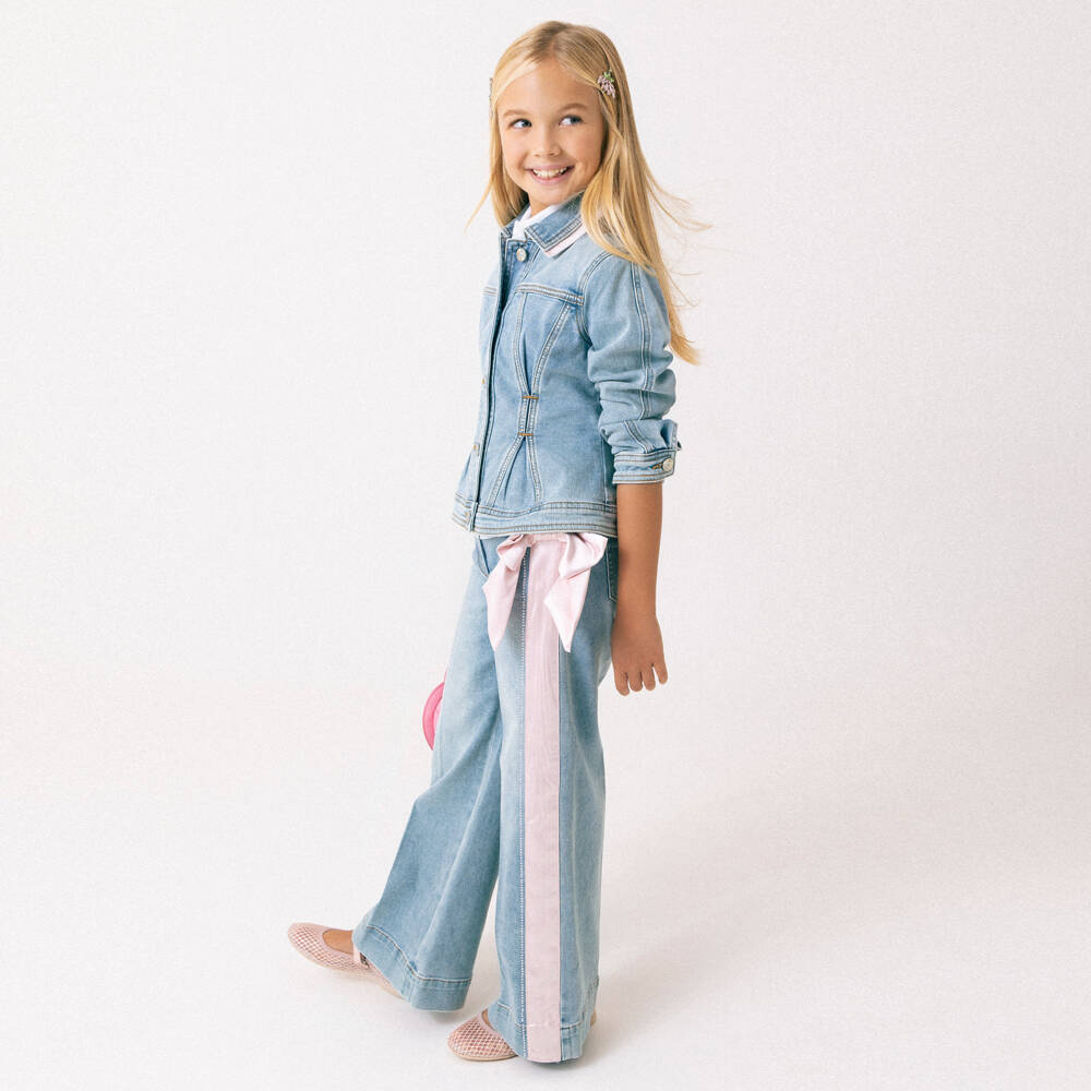 Monnalisa Chic-Girls Blue Denim Jeans with Pink Satin Bow & Side Stripe | Childrensalon Outlet