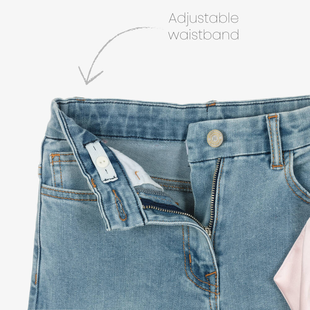 Monnalisa Chic-Girls Blue Denim Jeans with Pink Satin Bow & Side Stripe | Childrensalon Outlet