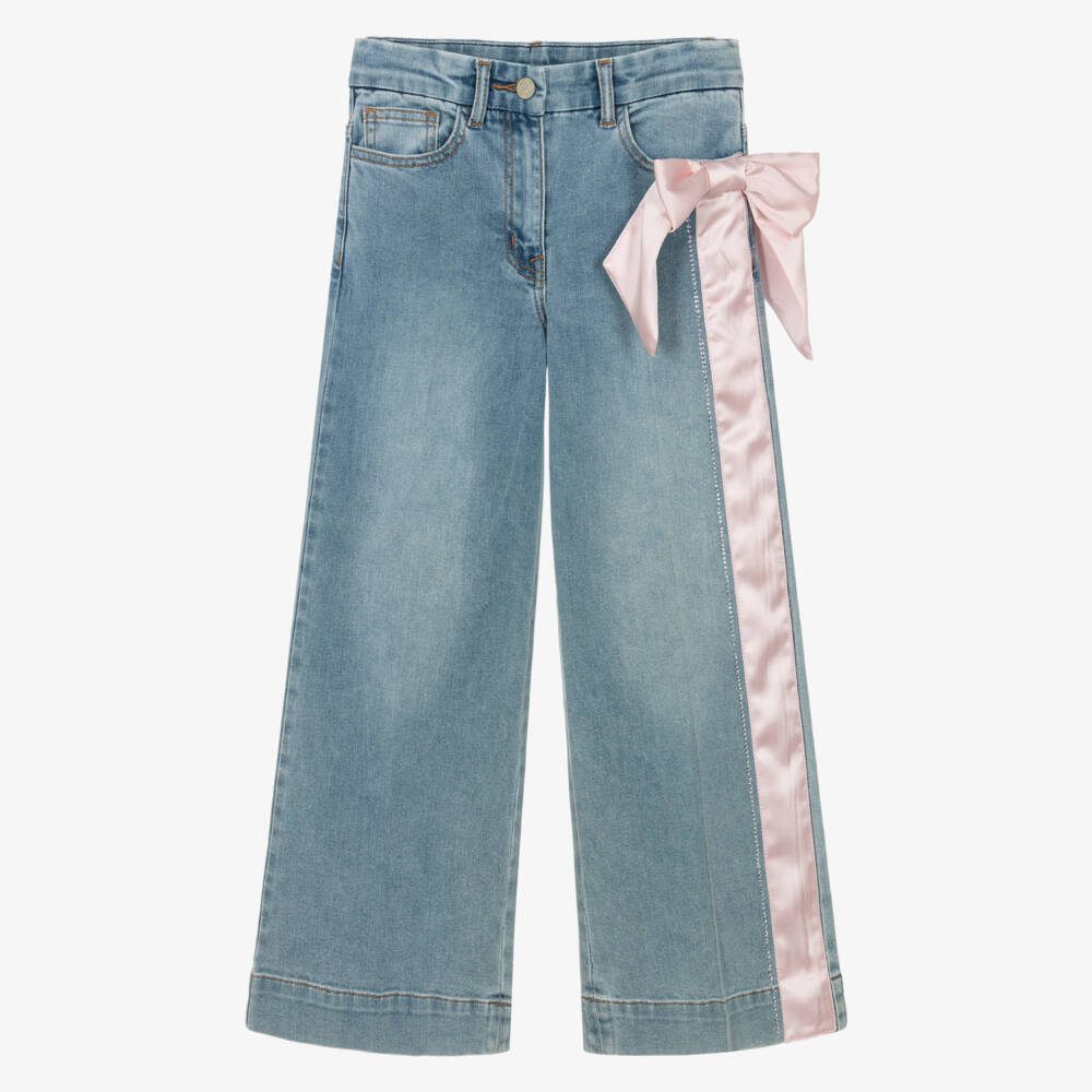 Monnalisa Chic-Girls Blue Denim Jeans with Pink Satin Bow & Side Stripe | Childrensalon Outlet