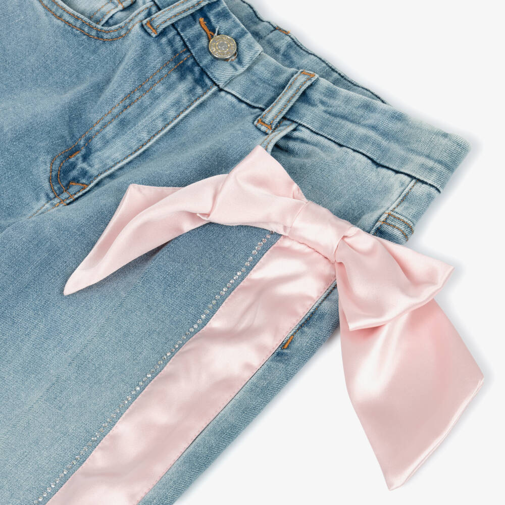 Monnalisa Chic-Girls Blue Denim Jeans with Pink Satin Bow & Side Stripe | Childrensalon Outlet