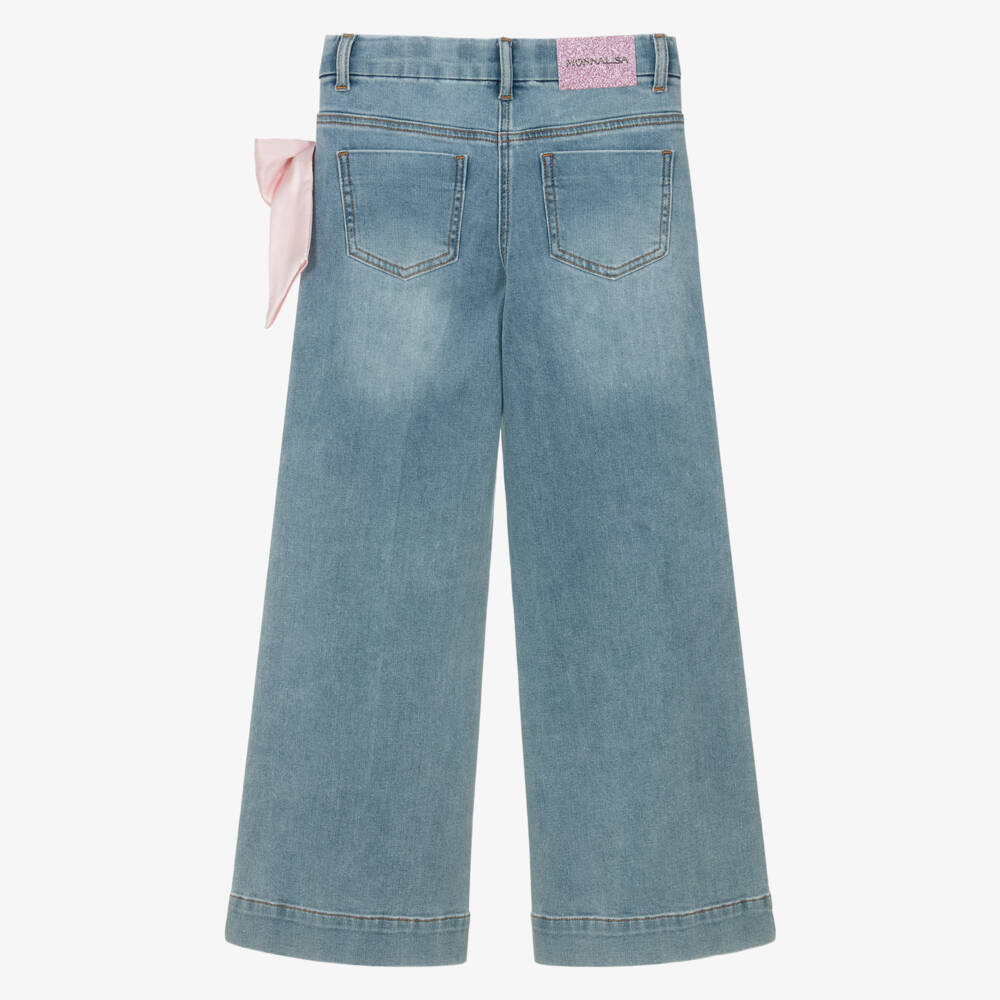 Monnalisa Chic-Girls Blue Denim Jeans with Pink Satin Bow & Side Stripe | Childrensalon Outlet