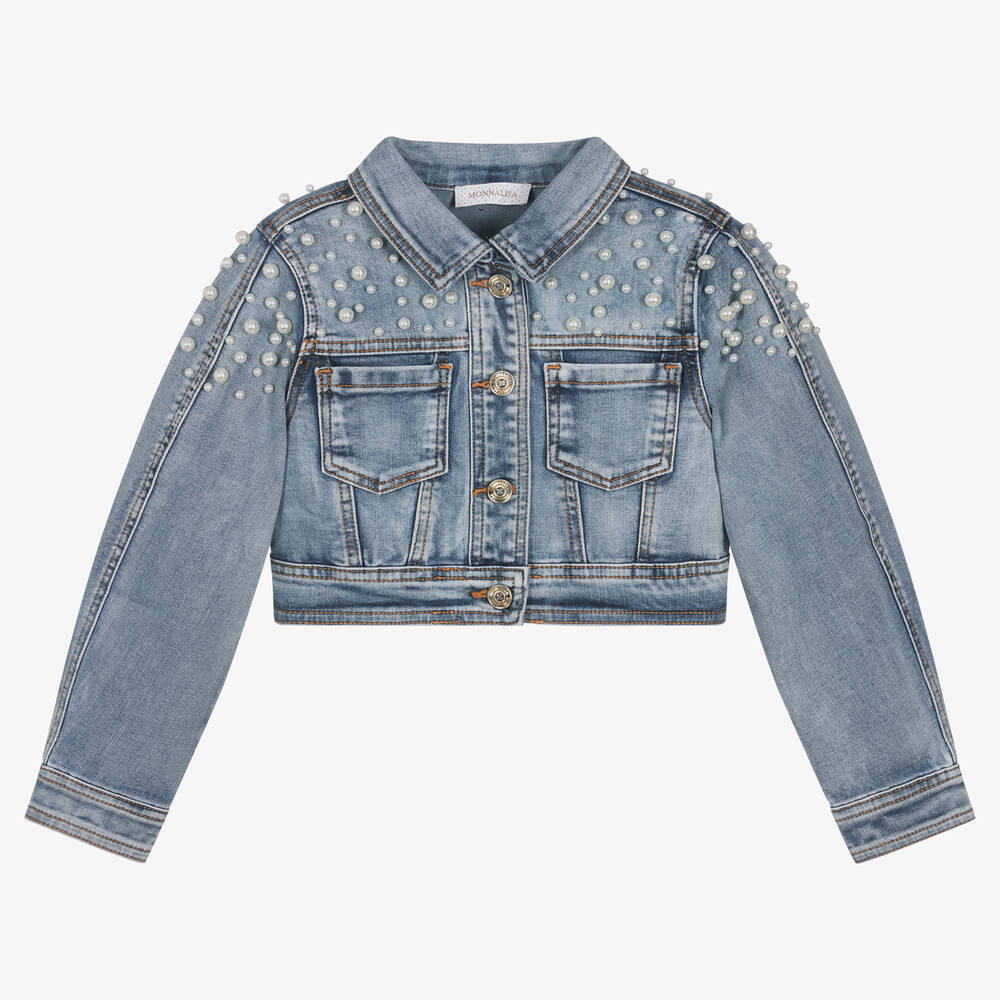 Monnalisa - Girls Blue Denim & Pearl Cropped Jacket | Childrensalon