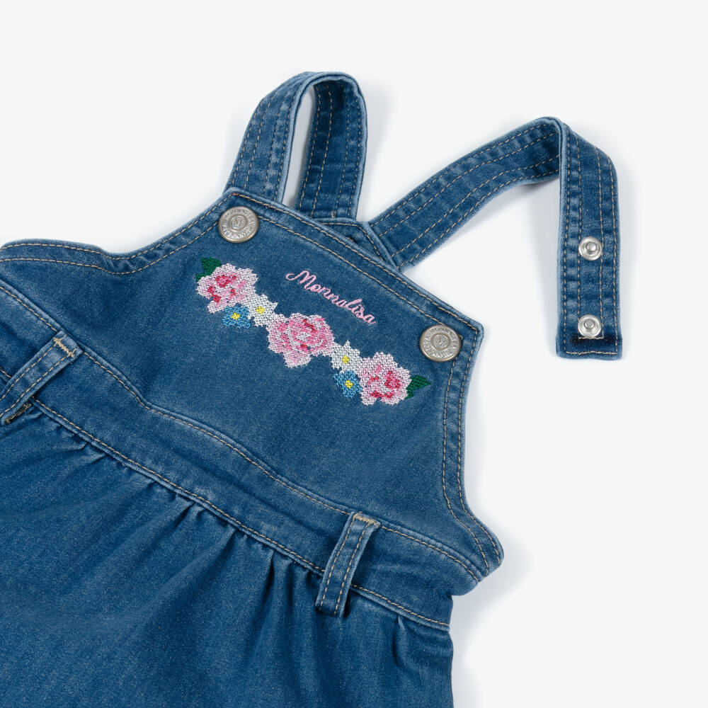 Monnalisa-Girls Blue Denim Pinafore Dress with Floral Cross Stitch Embroidery | Childrensalon Outlet