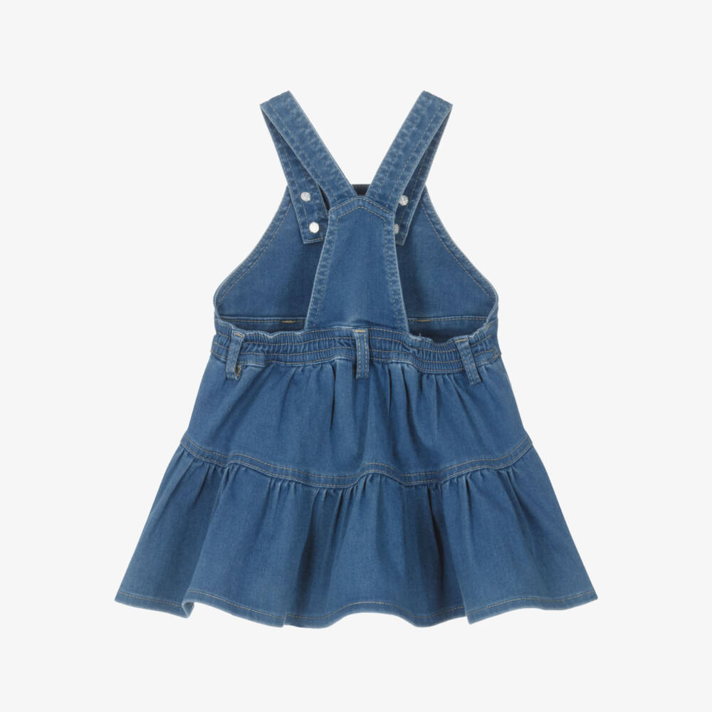 Monnalisa-Girls Blue Denim Pinafore Dress with Floral Cross Stitch Embroidery | Childrensalon Outlet
