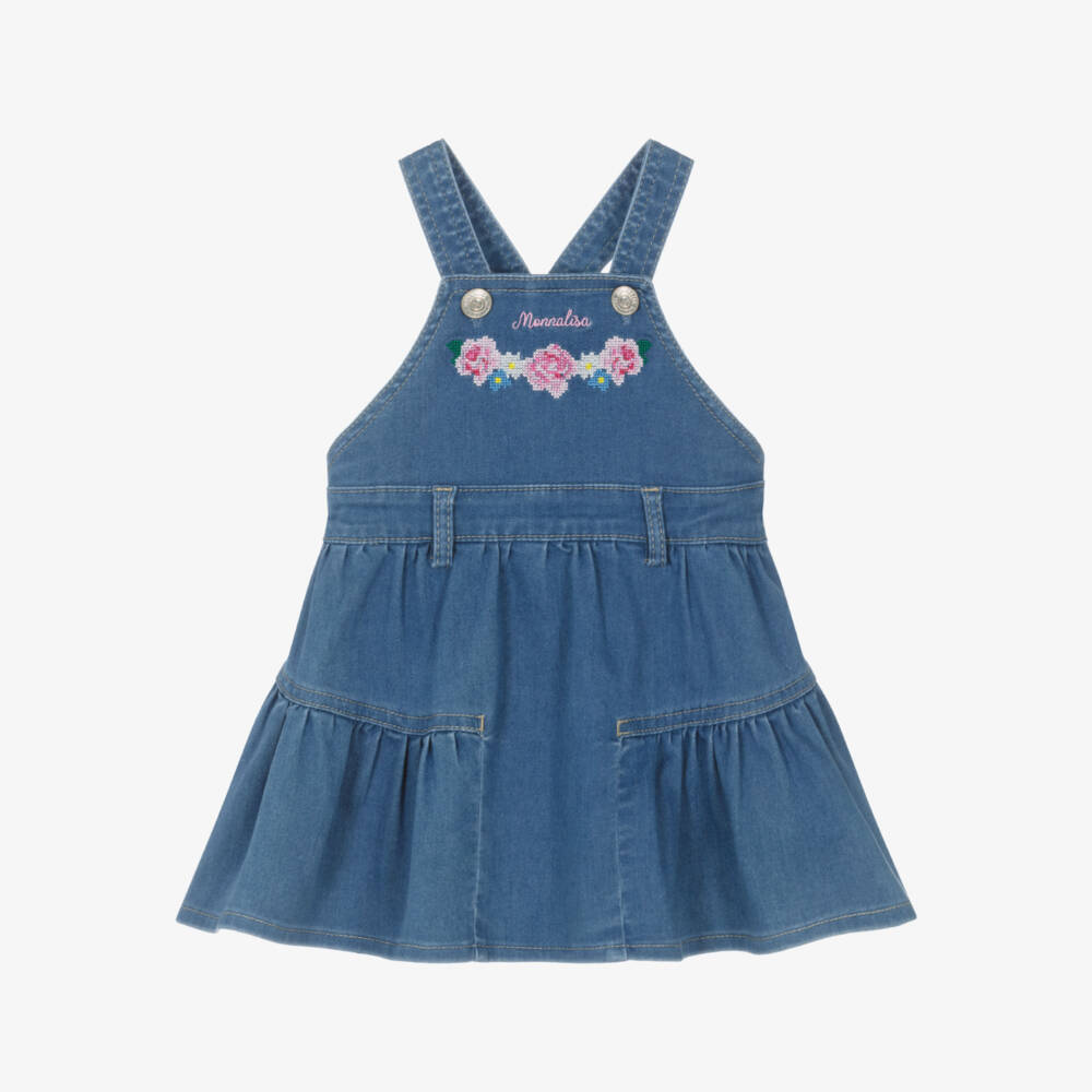Monnalisa-Girls Blue Denim Pinafore Dress with Floral Cross Stitch Embroidery | Childrensalon Outlet