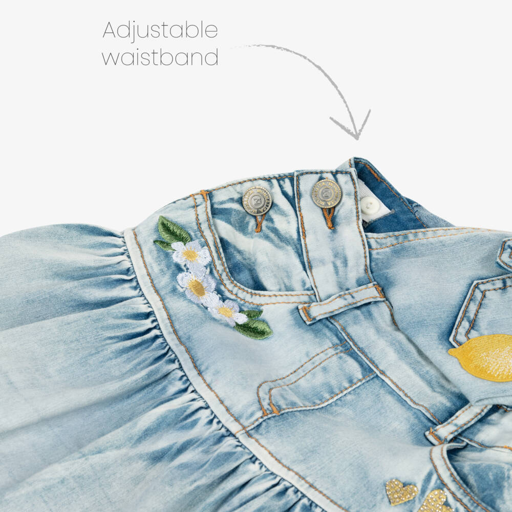 Monnalisa-Girls Blue Denim Pinafore Dress with Lemon Embroidery | Childrensalon Outlet