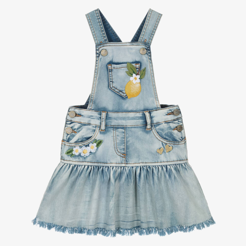Monnalisa-Girls Blue Denim Pinafore Dress with Lemon Embroidery | Childrensalon Outlet