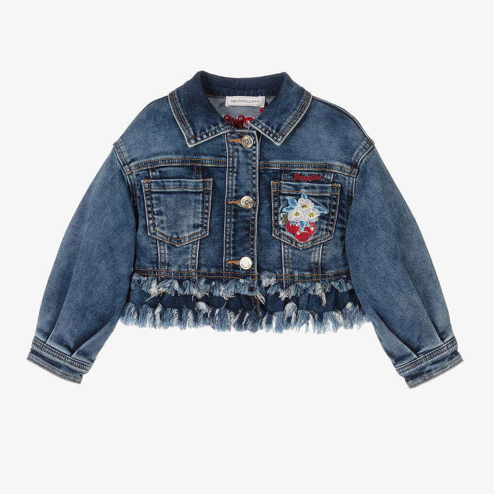 Monnalisa - Girls Blue Embroidered Denim Jacket | Childrensalon