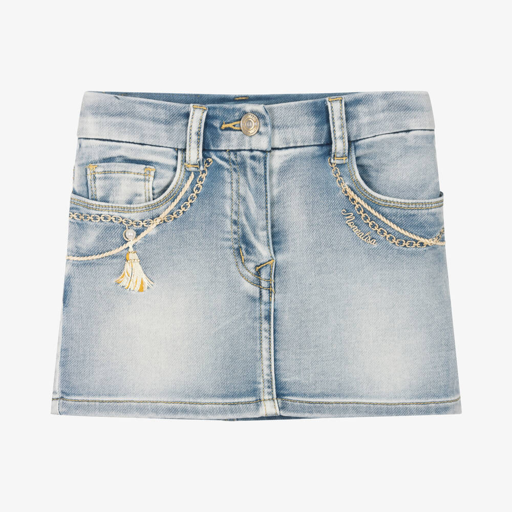 Monnalisa - Girls Blue Embroidered Denim Skirt | Childrensalon