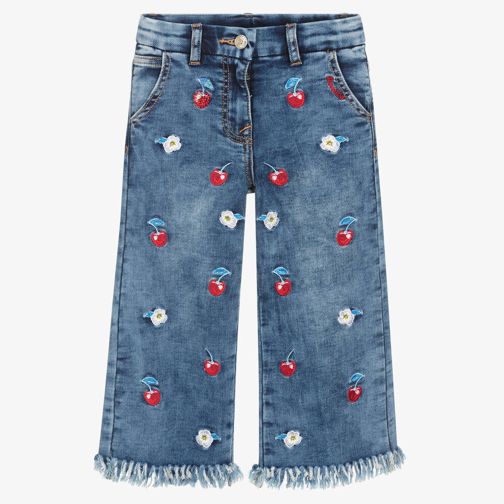 Monnalisa - Girls Blue Embroidered & Frayed Denim Jeans | Childrensalon