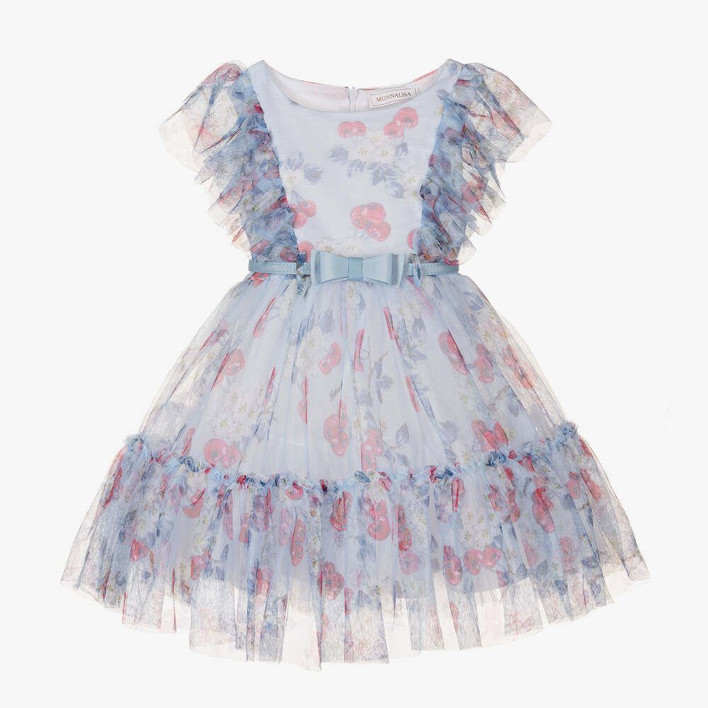 Monnalisa - Girls Blue Floral Cherry Tulle Dress | Childrensalon