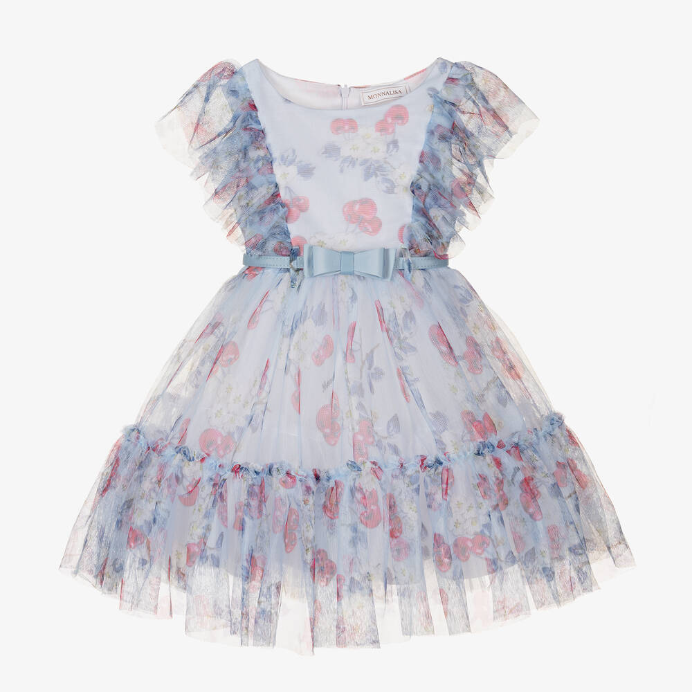 Monnalisa-فستان تول لون أزرق بطبعة ورود | Childrensalon Outlet