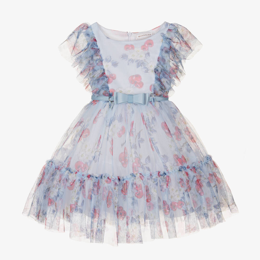 Monnalisa - Robe bleue cerises et fleurs fille | Childrensalon