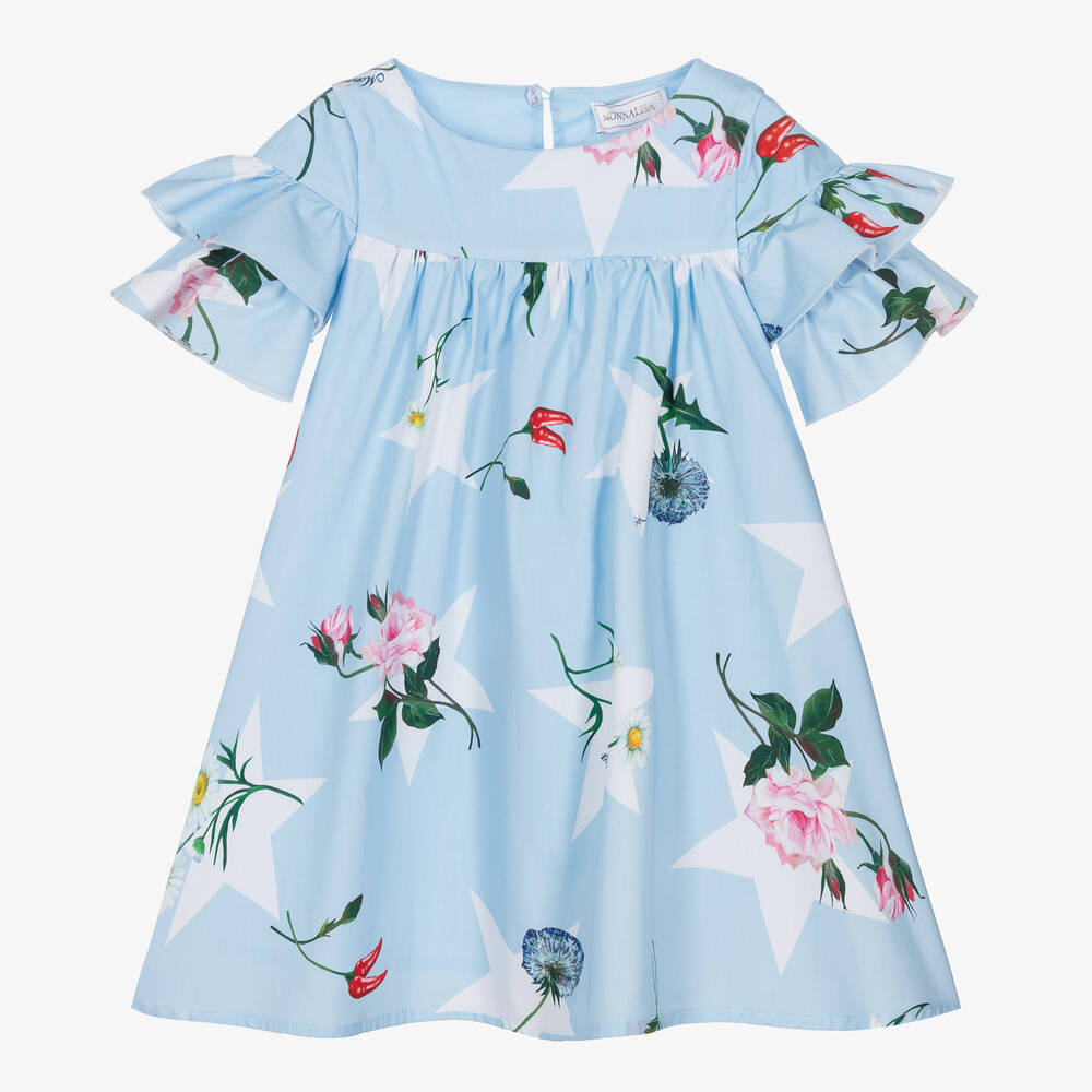 Monnalisa-Girls Blue Floral Cotton Dress | Childrensalon Outlet