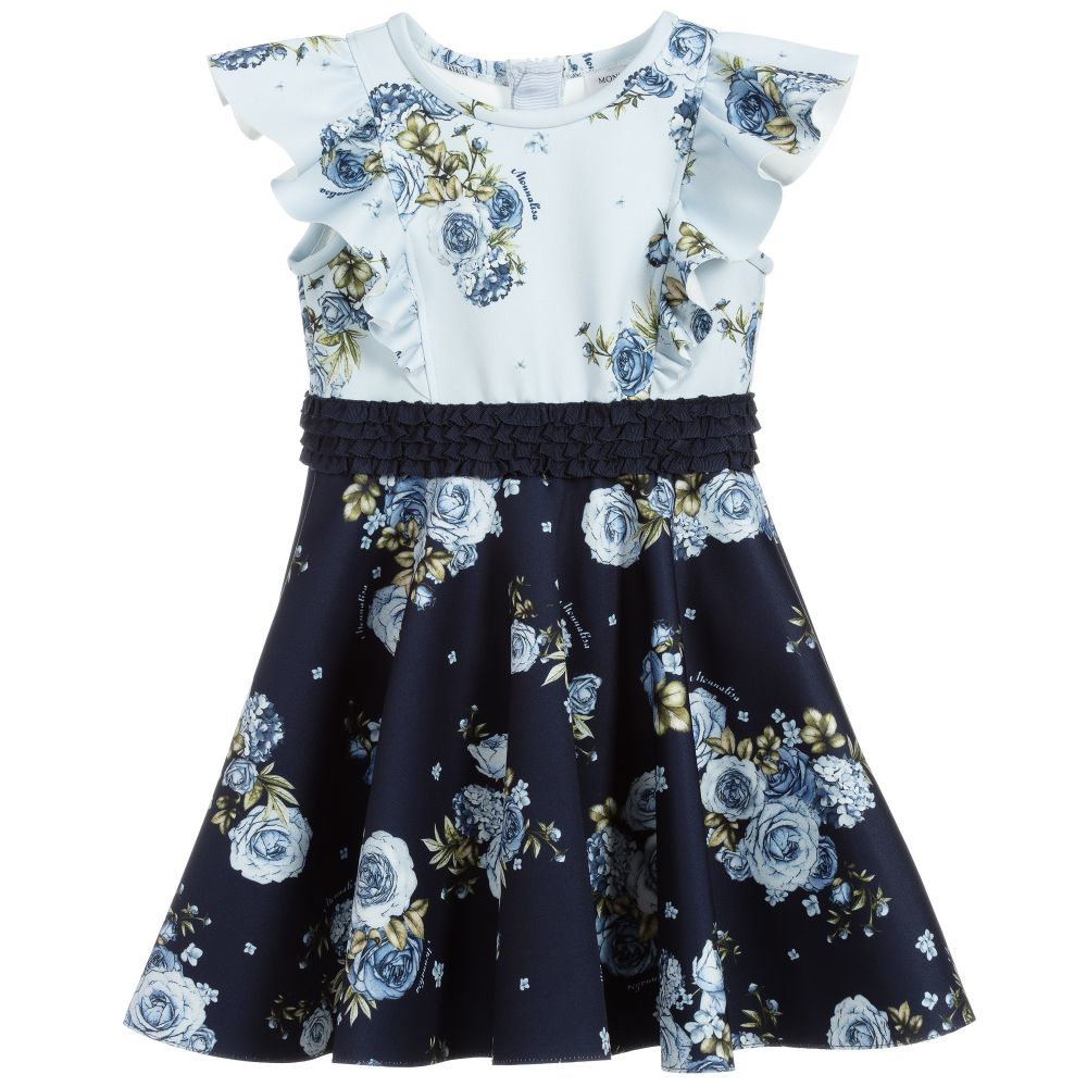 Monnalisa - Blaues Kleid mit Blumenmuster für Mädchen | Childrensalon