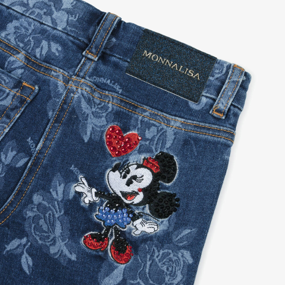 Monnalisa-Girls Blue Floral Print Disney Denim Jeans | Childrensalon Outlet