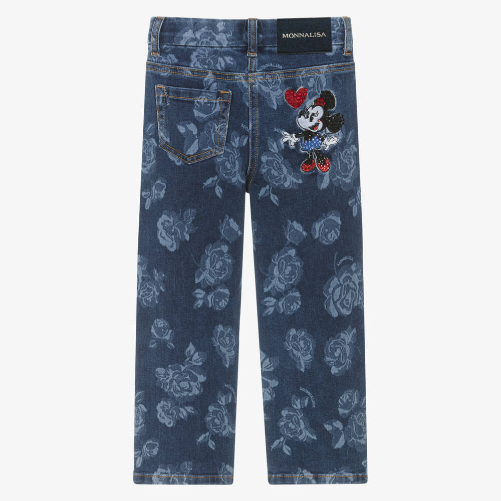 Monnalisa-Girls Blue Floral Print Disney Denim Jeans | Childrensalon Outlet