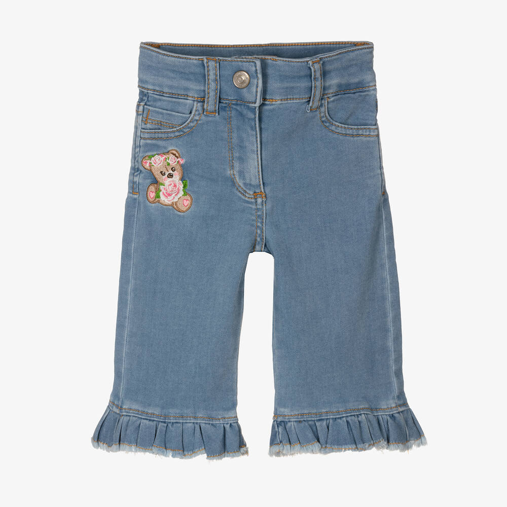 Monnalisa - Girls Blue Frill Cotton Denim Jeans | Childrensalon
