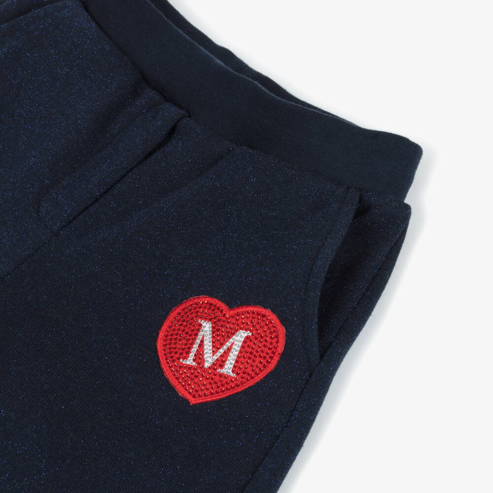 Monnalisa-Girls Blue Glittery Joggers with Red Diamanté Logo Heart | Childrensalon Outlet