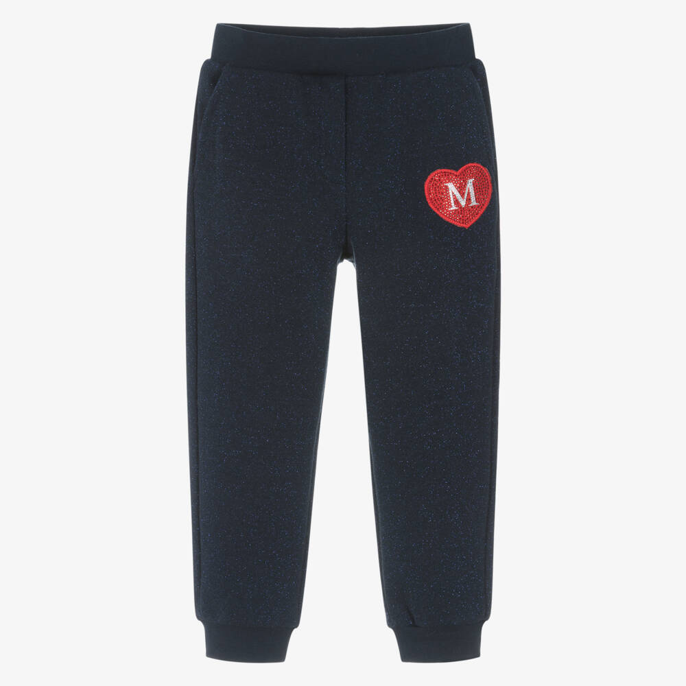 Monnalisa-Girls Blue Glittery Joggers with Red Diamanté Logo Heart | Childrensalon Outlet