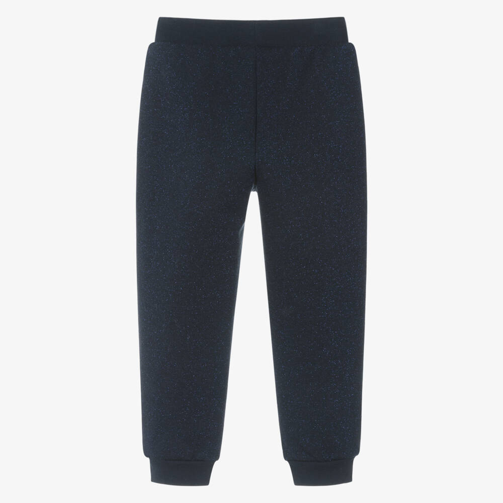 Monnalisa-Girls Blue Glittery Joggers with Red Diamanté Logo Heart | Childrensalon Outlet