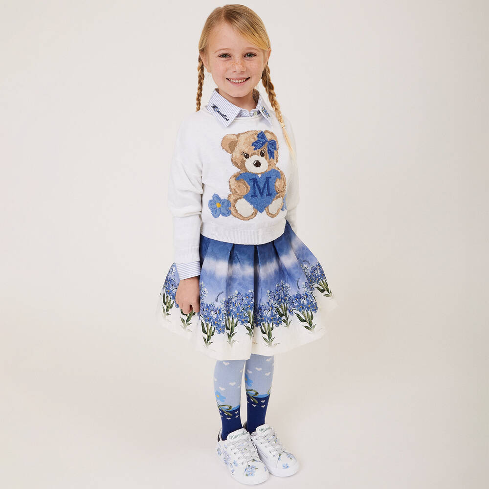 Monnalisa-Кремово-синяя плиссированная юбка с цветами | Childrensalon Outlet