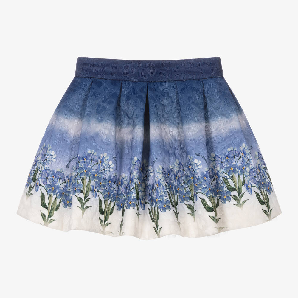 Monnalisa - Girls Blue & Ivory Floral Pleated Skirt | Childrensalon
