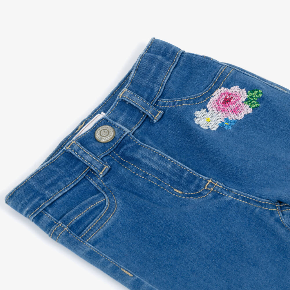 Monnalisa-Girls Blue Jeans with Floral Cross Stitch Embroidery | Childrensalon Outlet
