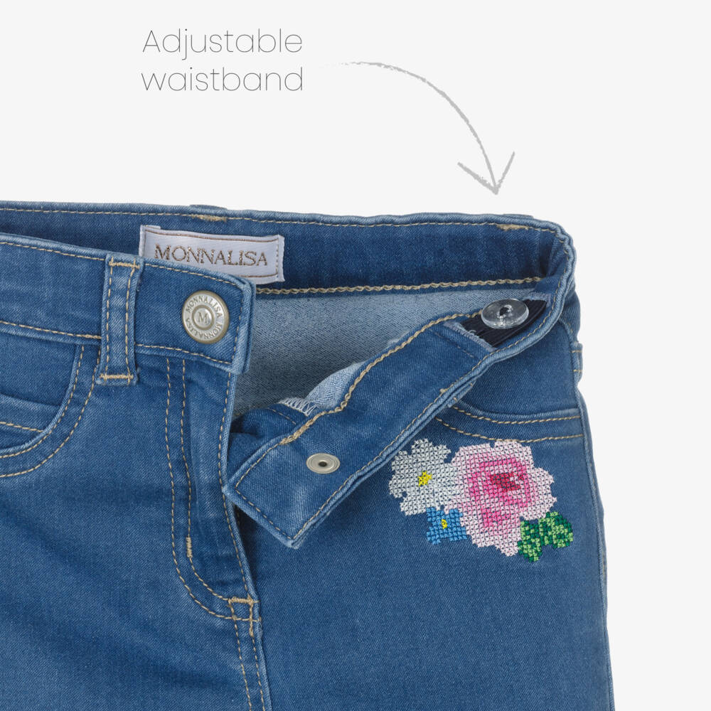 Monnalisa-Girls Blue Jeans with Floral Cross Stitch Embroidery | Childrensalon Outlet
